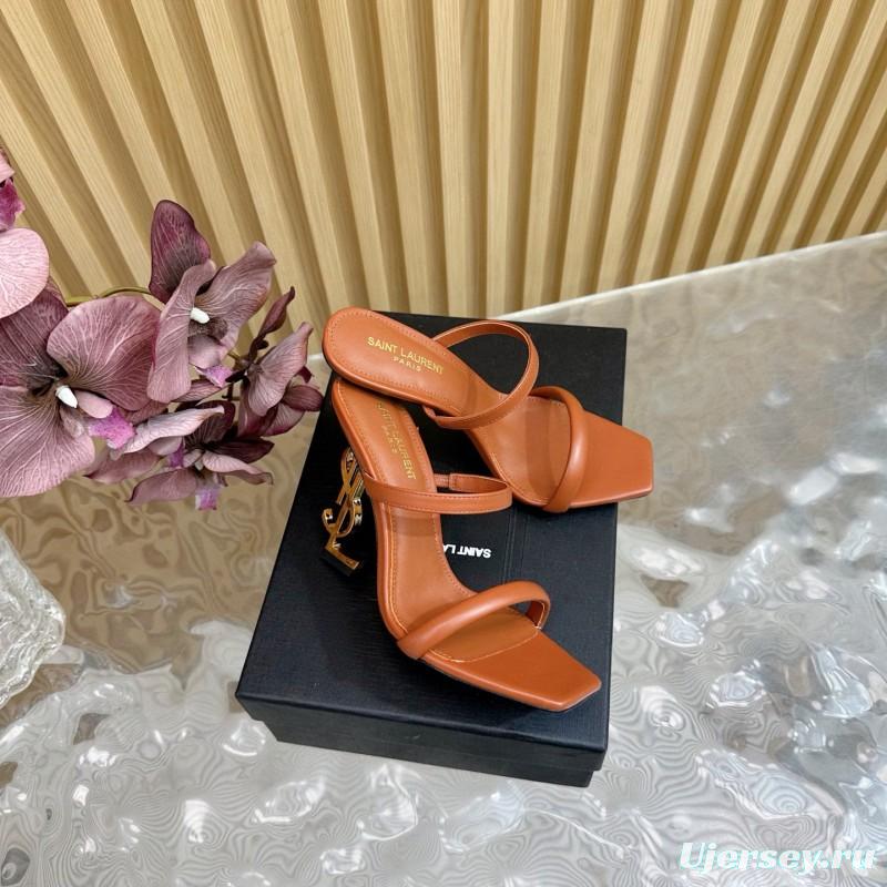 2025 Women Yves Saint Laurent Brown Leather High Heel Sandals Metal Logo MJ00310