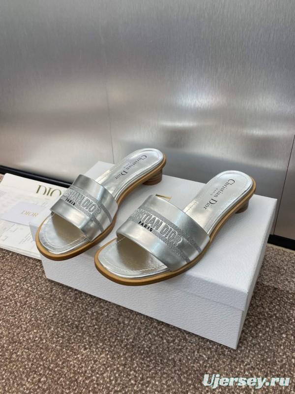 2025 Women Dior Silver Leather Slippers CD Logo KFY00300
