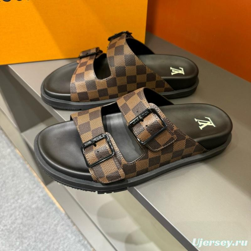 2024 Slippers Louis Vuitton Brown Black Leather Checkered Buckle MJ00210