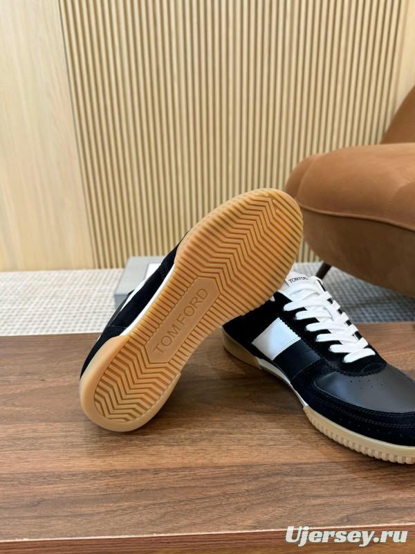 2025 Unisex TOM FORD Black White Leather Suede Sneakers Classic Contrasting LY00360