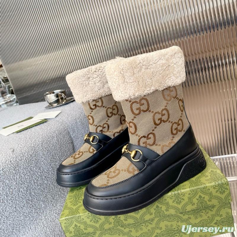 2024 Women Gucci Beige Brown Leather Shearling Snow Boots MJ00420