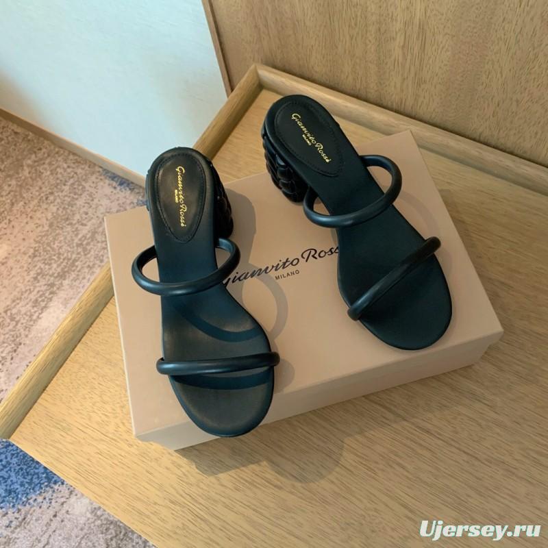 2025 Women Gianvito Rossi Black Leather Heeled Sandals