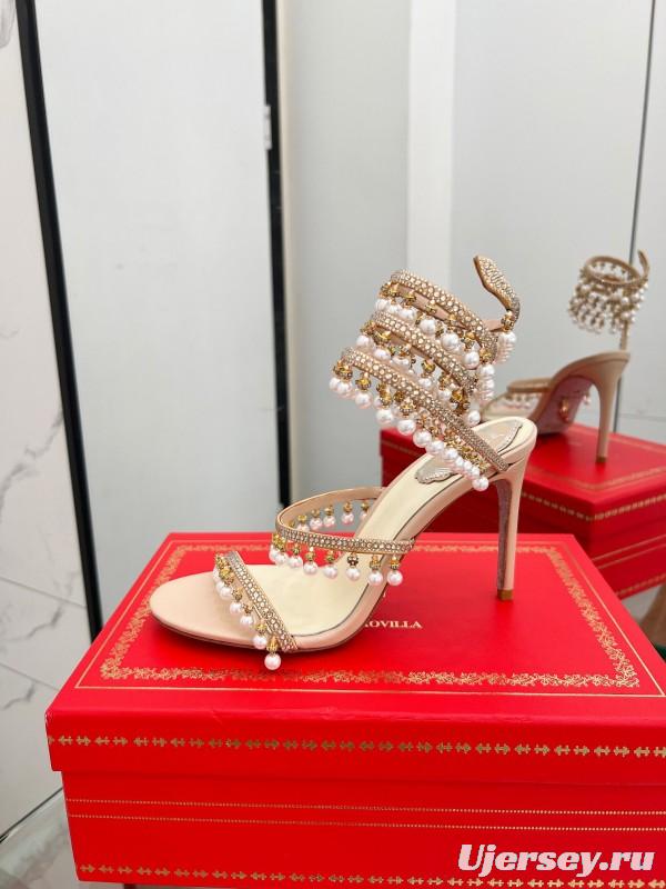 2025 Women RC Champagne Leather Crystal Pearl High Heel Sandal LY00360