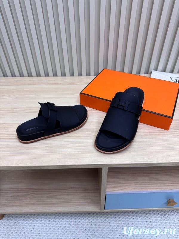 2025 Hermès Black Leather Slippers