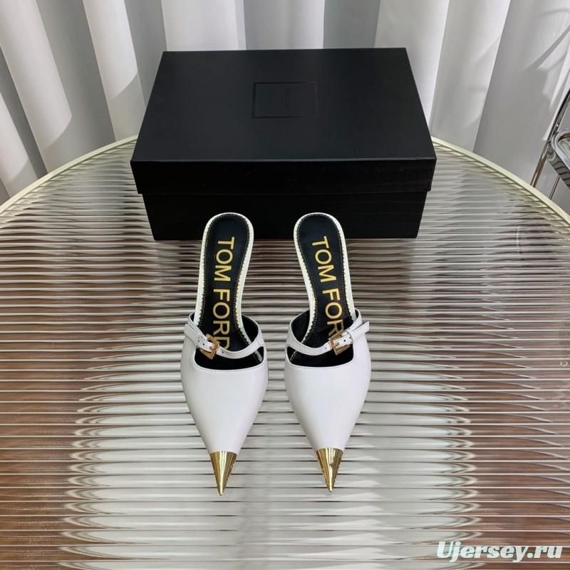 2025 Women TOM FORD White Gold Leather Pointed Toe Mules