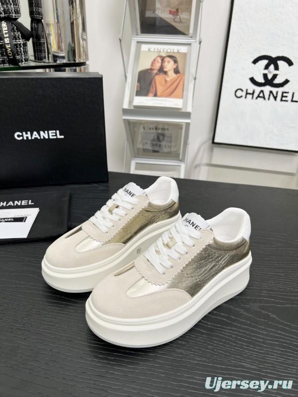 2025 Women Chanel Beige Gold Leather Suede Sneakers LY00290