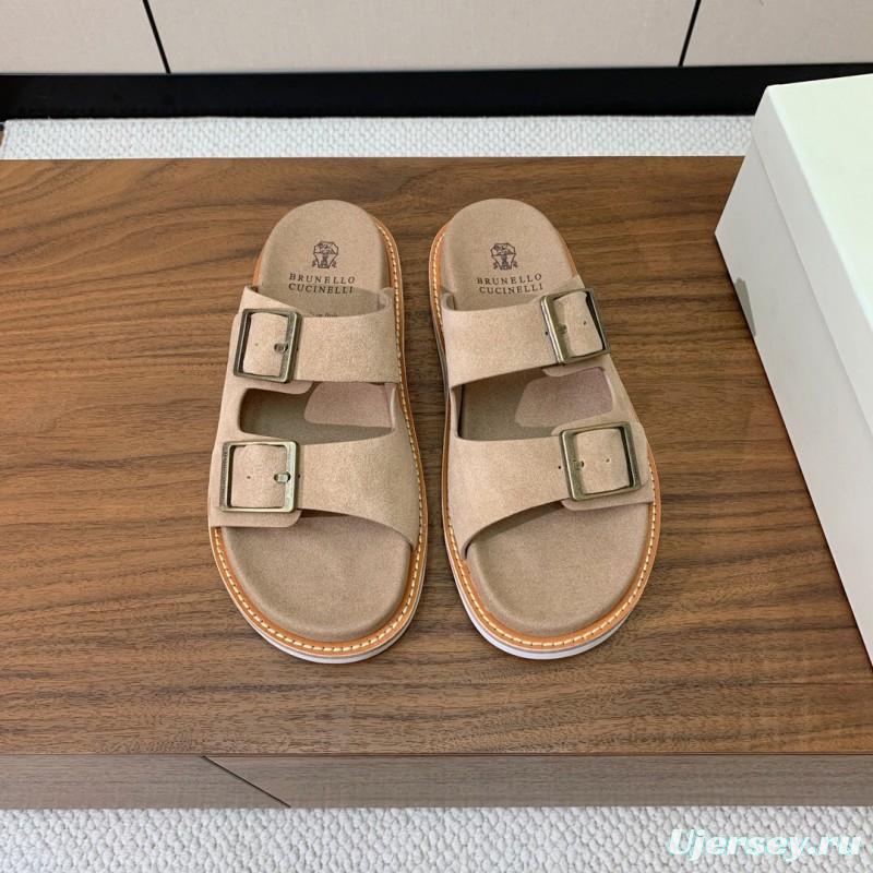 2025 Unisex Brunello Cucinelli Beige Suede Leather Slippers KFY00250