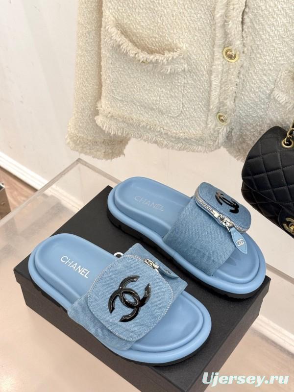 2025 Slippers Chanel Light Blue Denim Slippers KFY00220