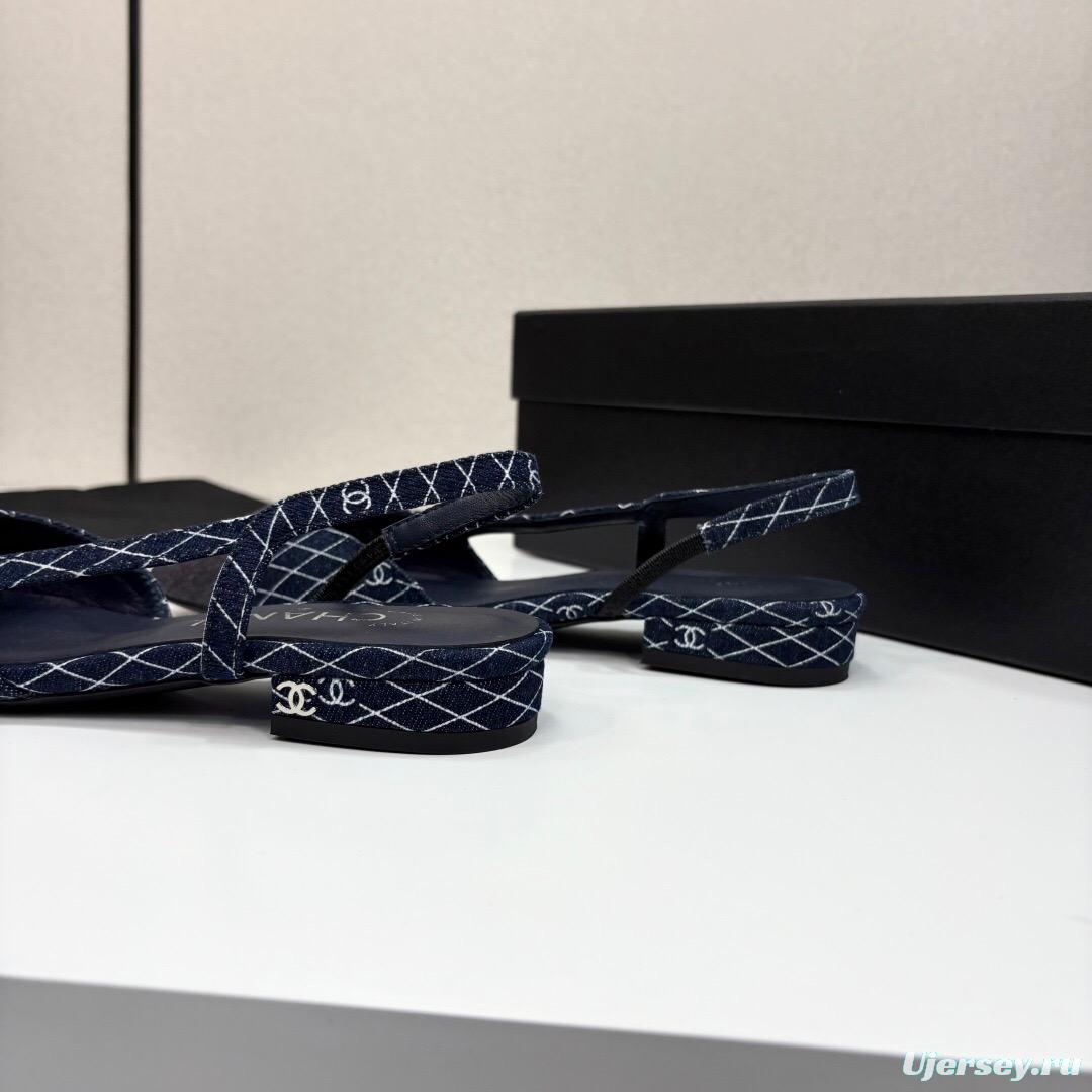 2025 Women Chanel Navy Blue Grey Fabric Leather Slingback LY00000