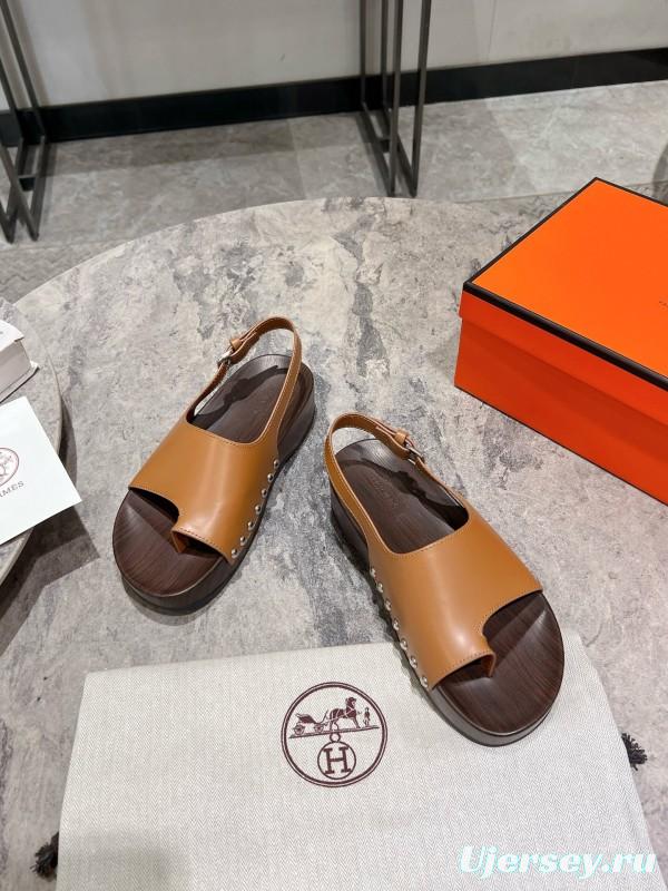 2025 Women Hermès Brown Leather Sandals KFY00250