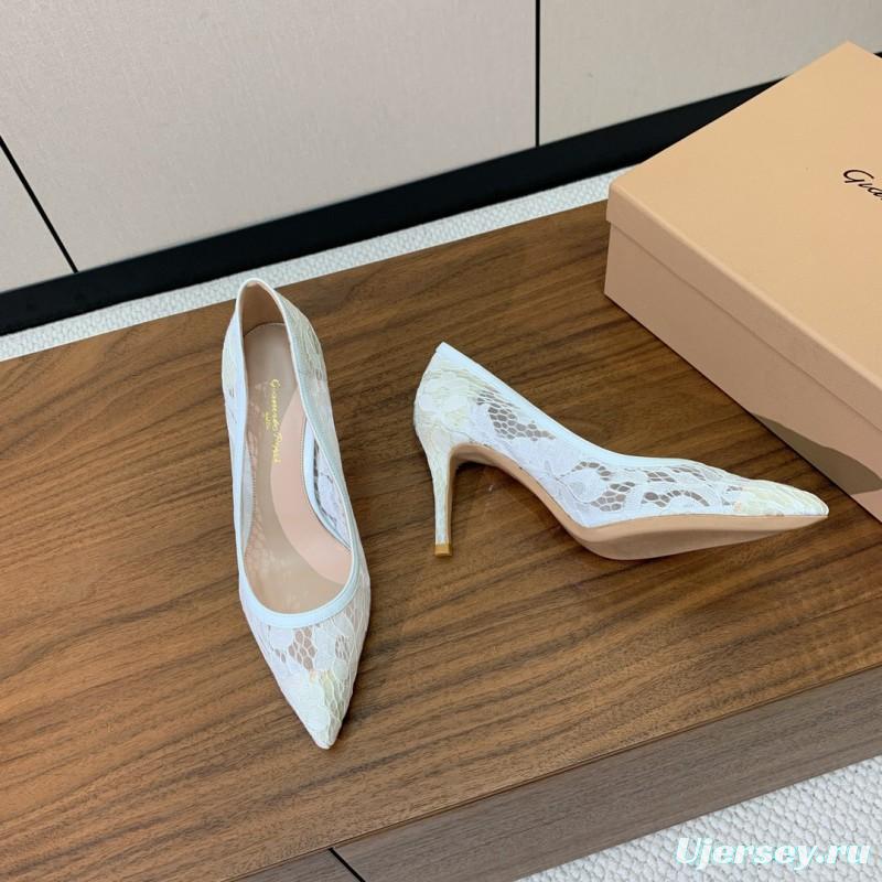 2025 Women Gianvito Rossi White Lace Leather Pumps KFY00280