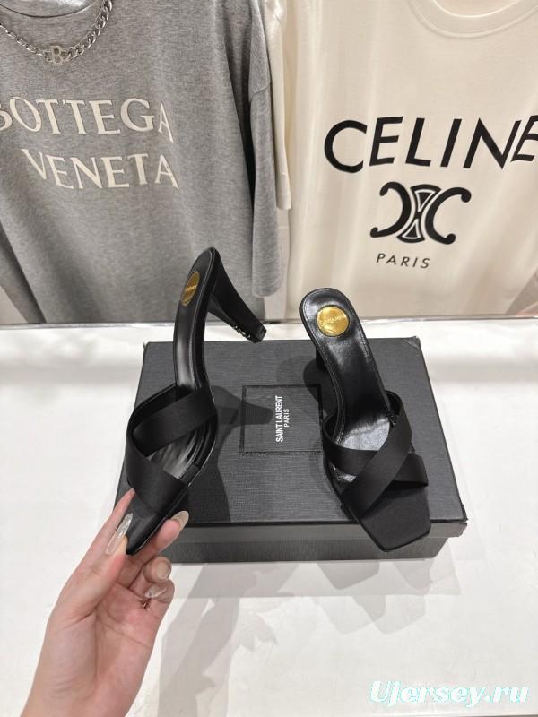 2025 Women Yves Saint Laurent Black Leather High Heel Slide Sandals With Gold Medallion Detail - LY00360(F)