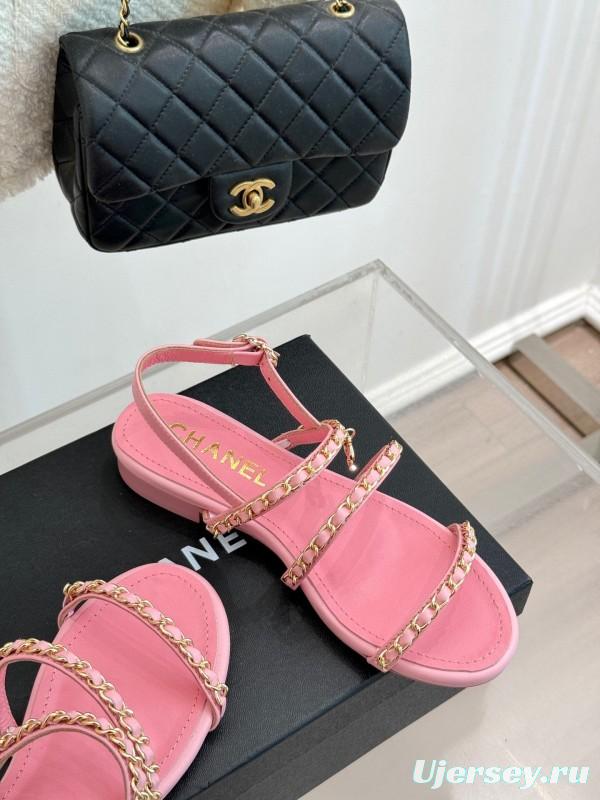 2025 Women Chanel Pink Leather Chain Strap Sandals