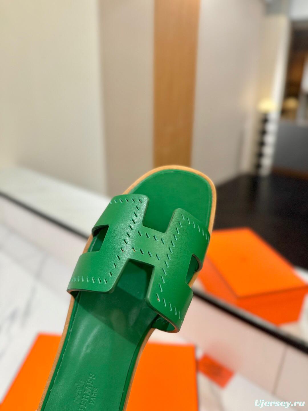 2025 Women Hermès Green Leather Slippers