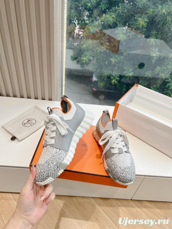 2024 Unisex Hermès Gray White Orange Calfskin Suede Sneakers MJ00290