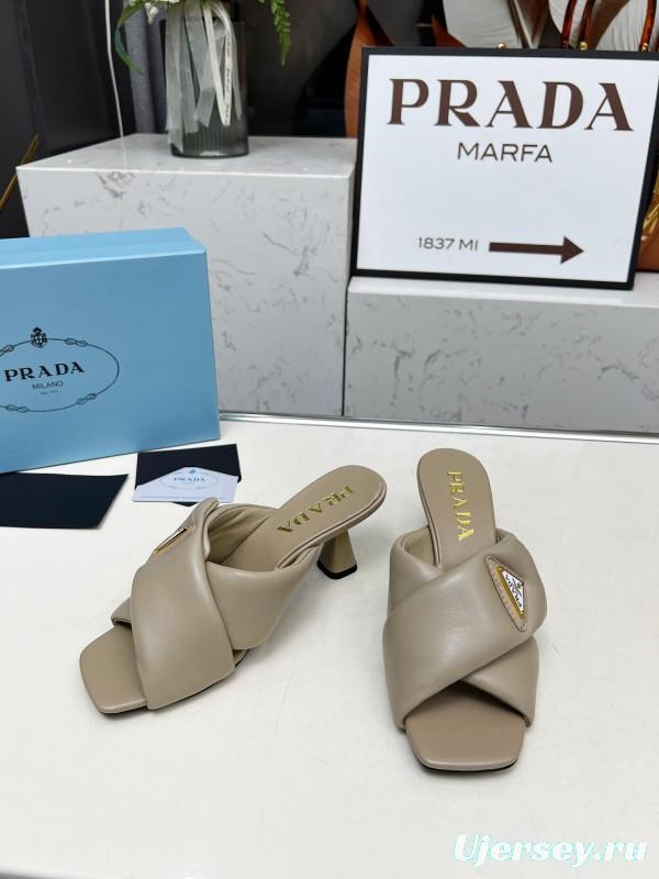 2025 Women Prada Beige Leather Mule Triangle Logo LY00270