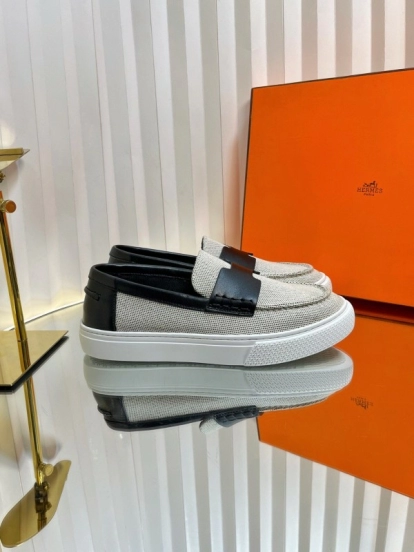 2025 Unisex Hermès Black White Leather Fabric Loafers LY00310(F)/LY00320(M)
