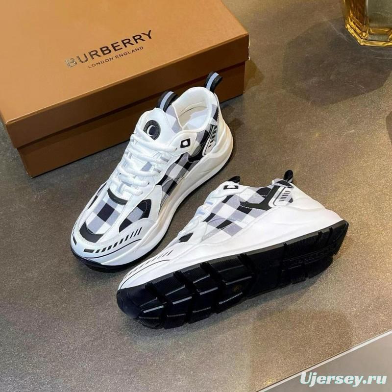2025 Unisex Burberry White Black Cotton Leather Suede Chunky Sneakers Vintage Check MJ00380(F/W)