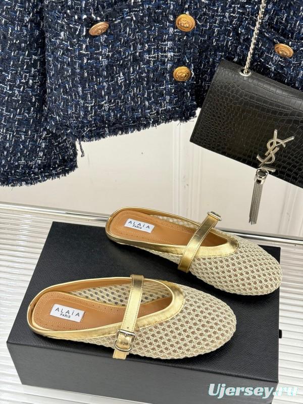 2025 Slippers AlAIA Gold Mesh Leather Slippers