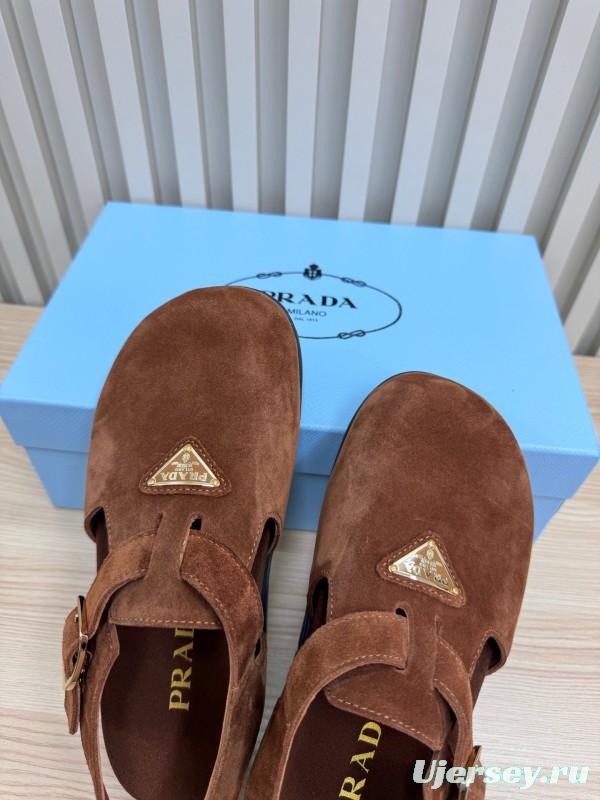 2025 Women Prada Brown Suede Slingback Buckle Sandals LY00280
