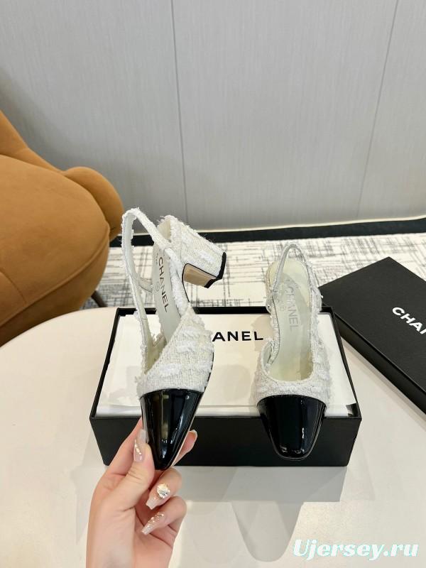 2025 Women Chanel White Black Tweed Patent Leather Slingback LY00240