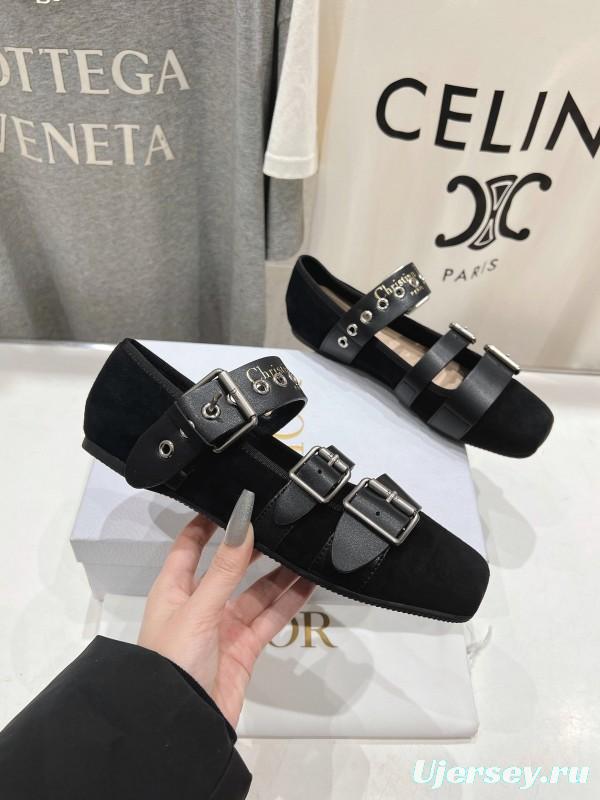 2025 Women Dior Black Leather Suede Mary Jane Buckle KFY00300