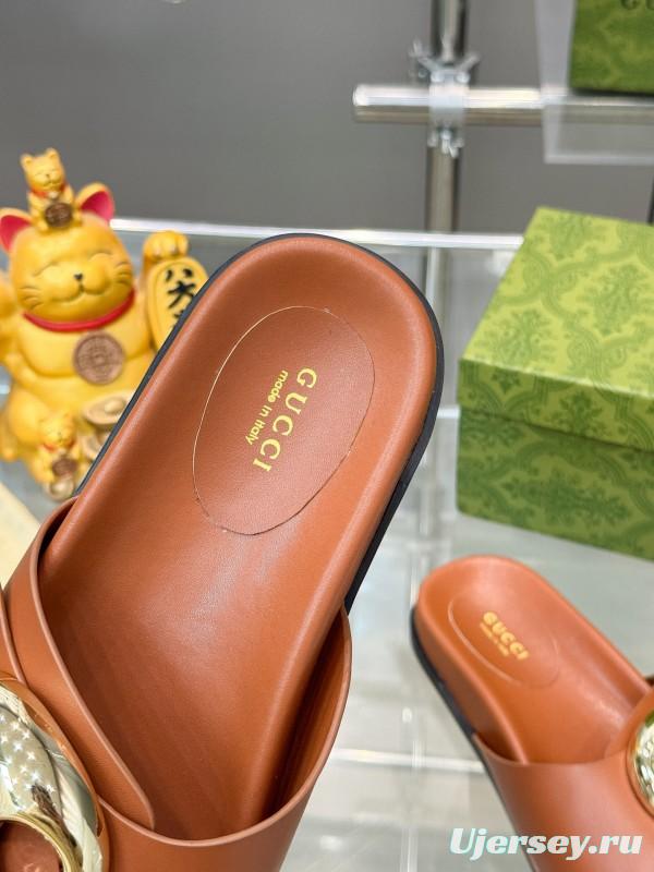 2025 Gucci Brown Leather Slippers