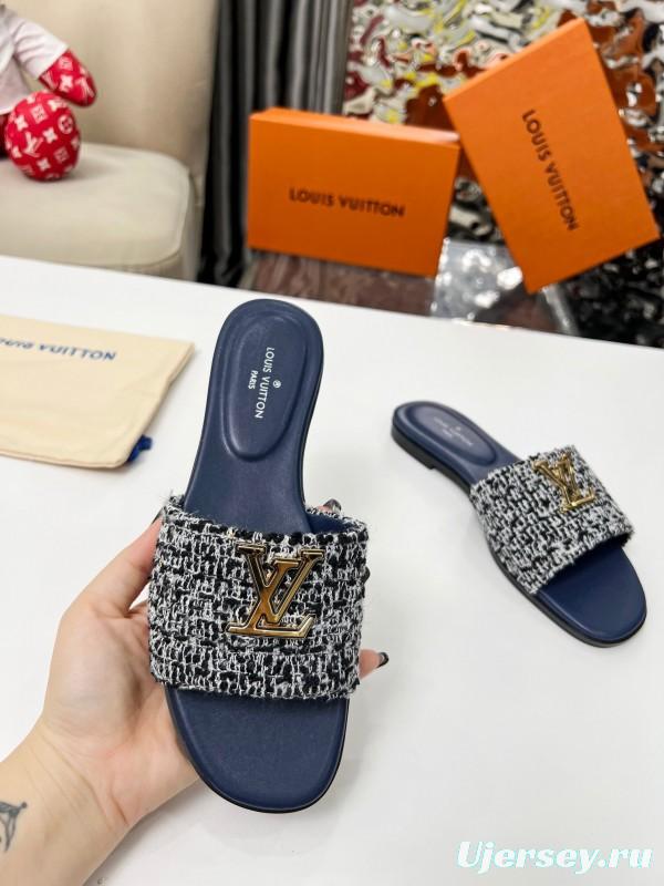 2025 Women Louis Vuitton Navy Tweed Leather Slippers LY00210