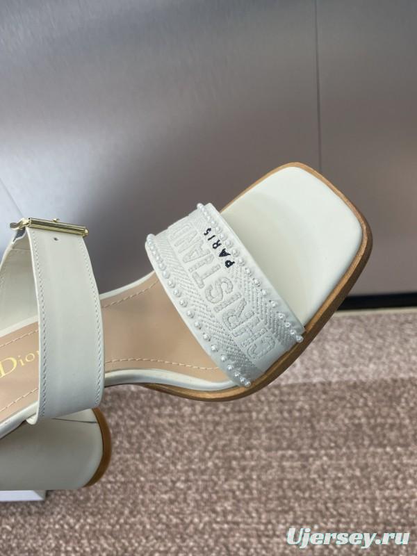 2025 Women Dior White Calfskin Leather Embroidered Sandals KFY00320