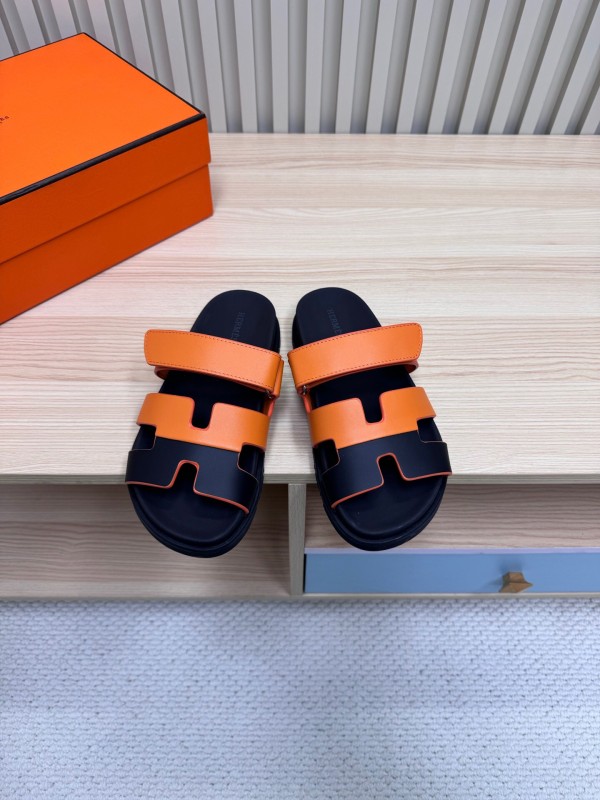 2025 Women Hermès Orange Black Leather Slippers
