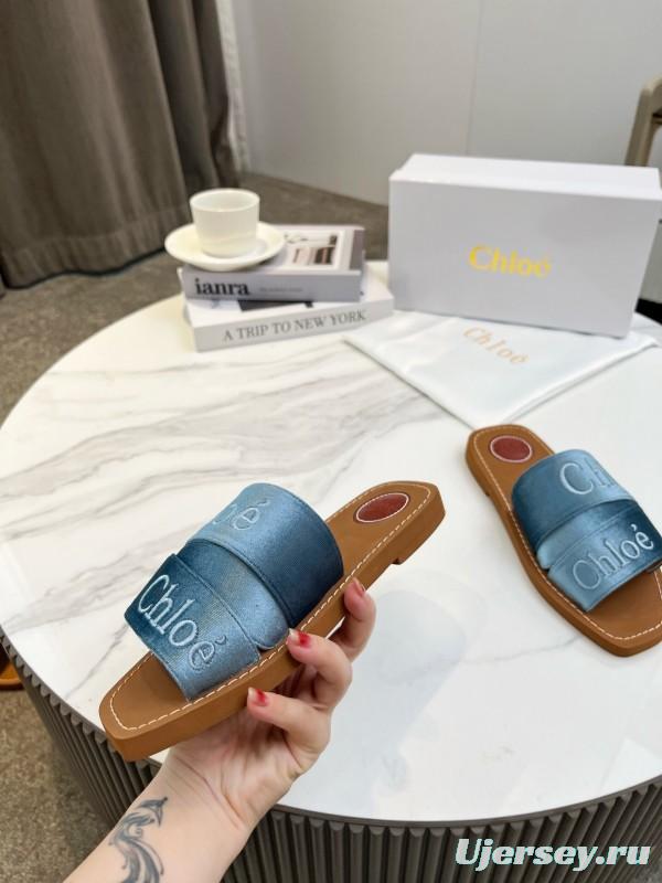 2025 Women Chloé Blue Denim Leather Slippers LY00200