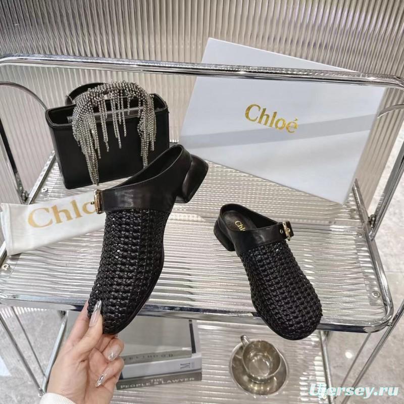 2025 Women Chloé Black Leather Woven Slippers