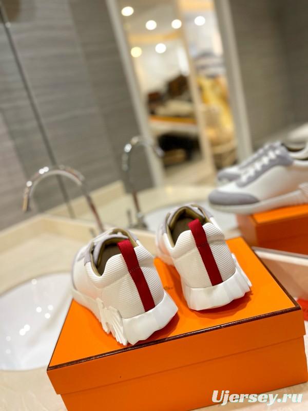 2024 Unisex Hermès White Grey Silk Leather Sneakers MJ00320