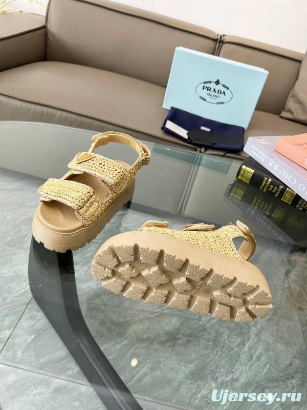 2025 Women Prada Beige Braided Leather Platform Sandals LY00300
