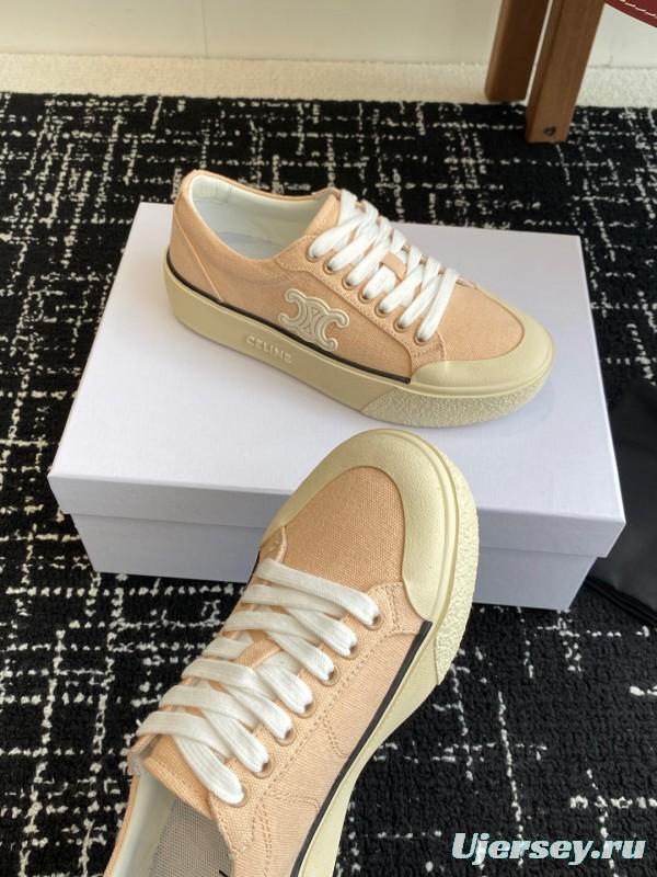 2025 Women Celine Beige Canvas Leather Platform Sneakers