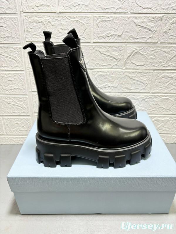 2024 Women Prada Black Leather Chelsea Boots MJ00380