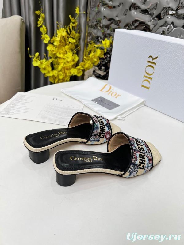 2025 Women Dior Black Beige Embroidery Mid Heel Slippers
