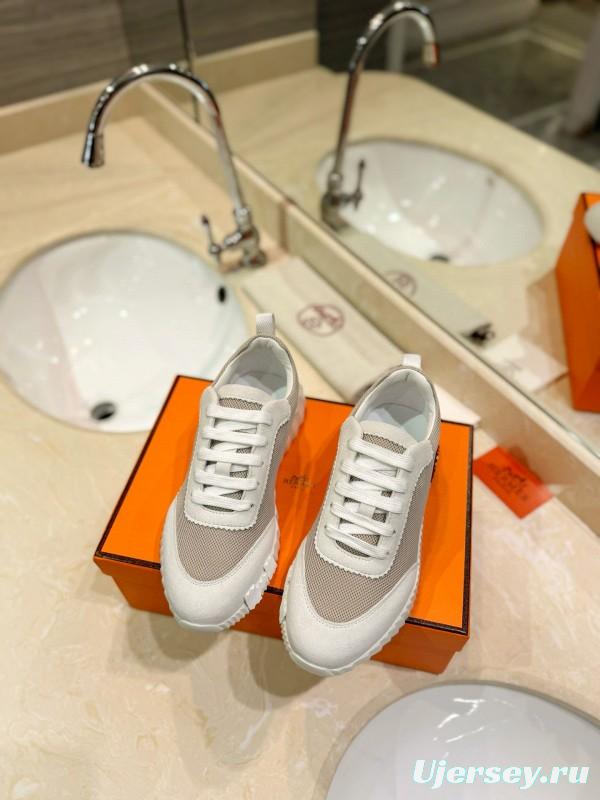 2024 Women Hermès White Beige Mesh Leather Sneakers MJ00320