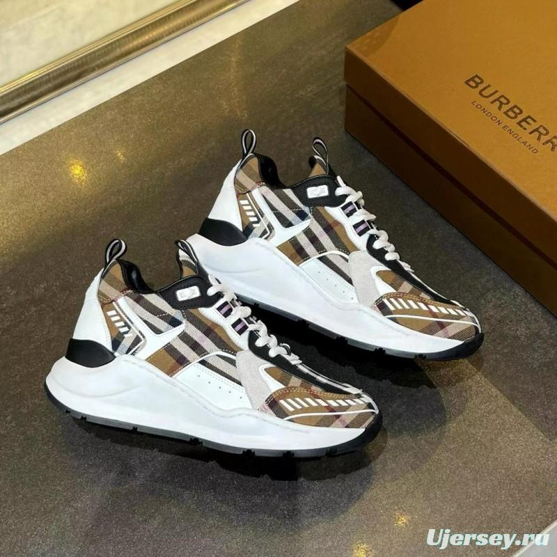 2025 Unisex Burberry Brown White Black Cotton Calfskin Suede Sneakers Check MJ00380(W/M)