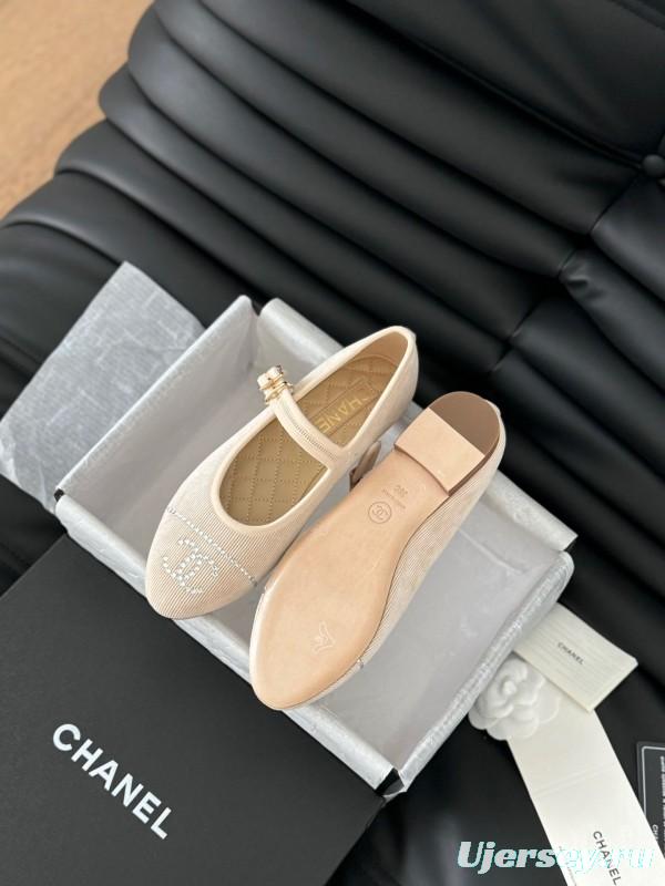 2025 Women Chanel Beige Fabric Mary Jane Embroidery LY00280