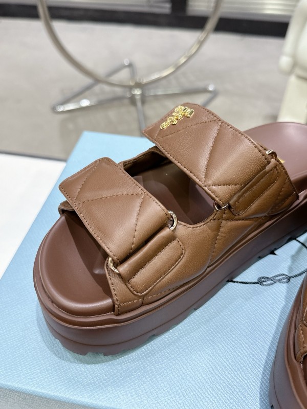 2025 Women Prada Brown Leather Sandals