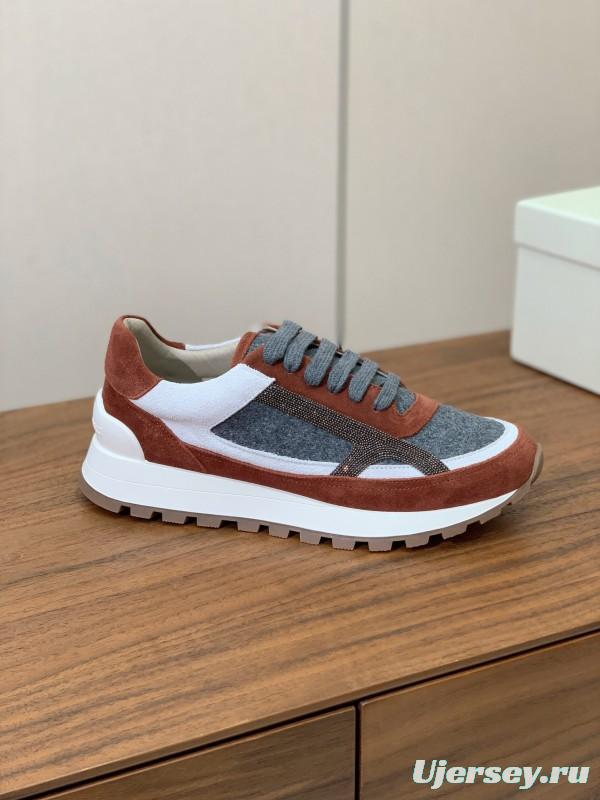 2025 Unisex Brunello Cucinelli Grey Brown White Suede Fabric Sneakers LY
