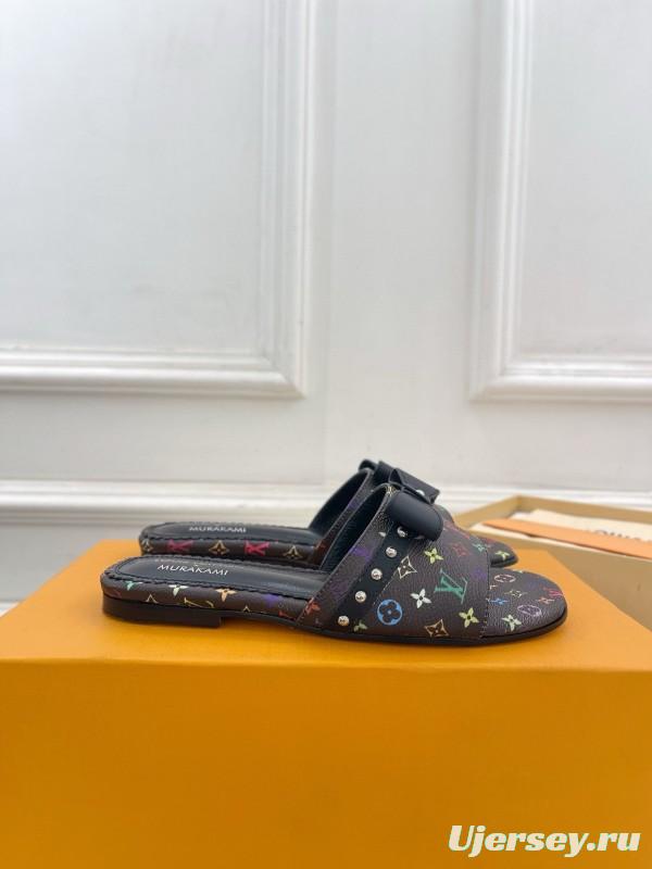 2025 Slippers Louis Vuitton Black Leather Flat Bow MJ00290