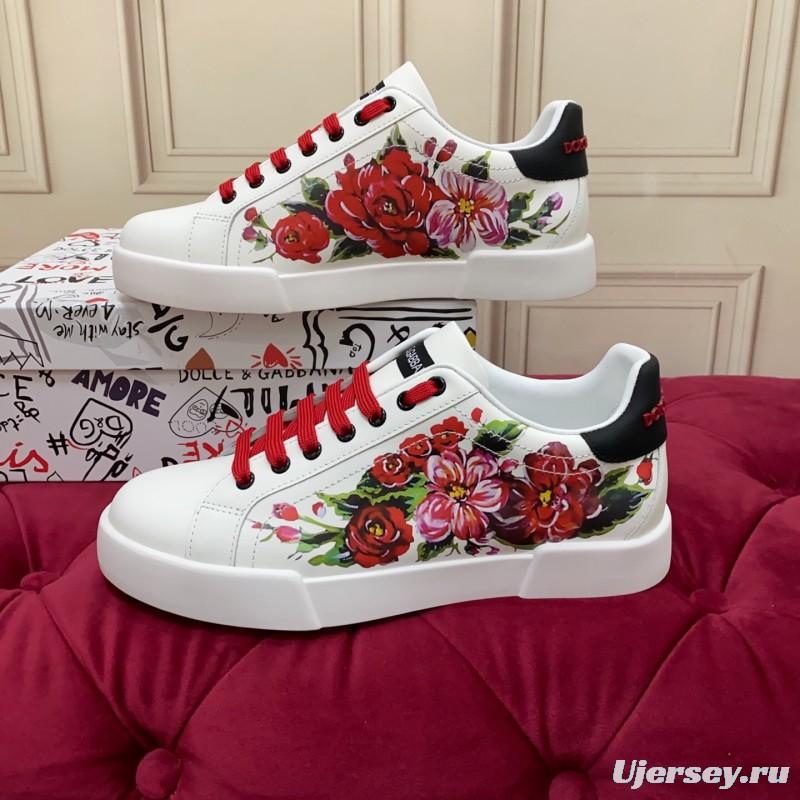 2025 Women Dolce & Gabbana White Red Leather Sneakers Floral LY00300