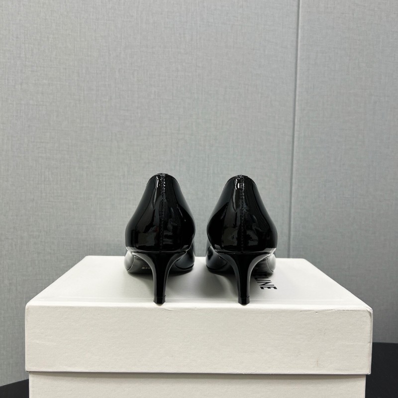 2025 Women Celine Black Patent Leather Pointed Toe Buckle Pumps KFY00290