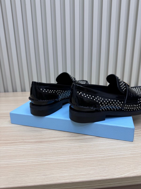 2025 Women Prada Black Leather Loafers Studded LY00340