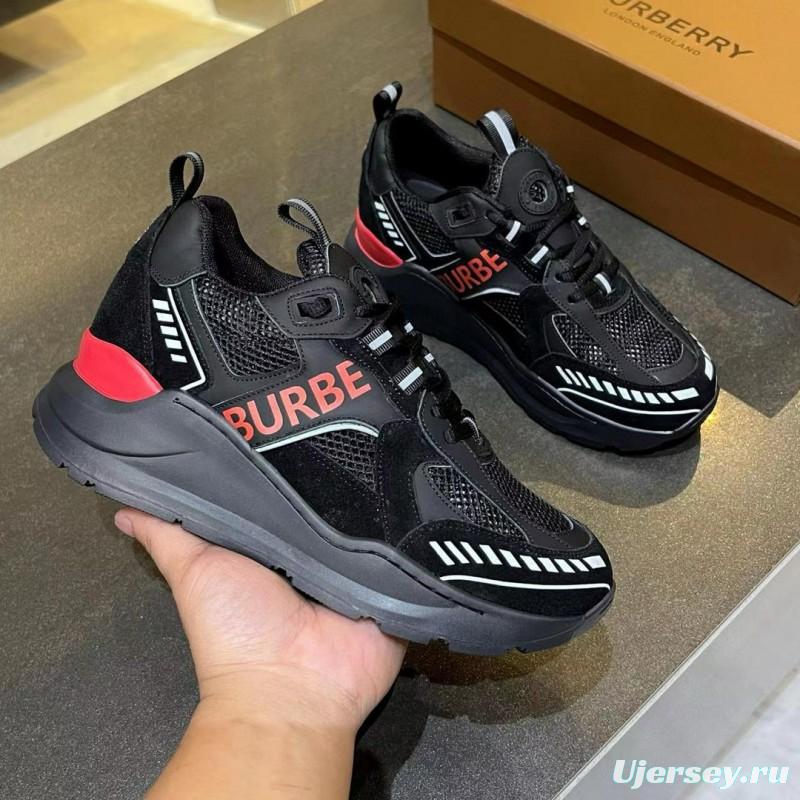 2025 Unisex Burberry Black Red Mesh Suede Leather Sneakers