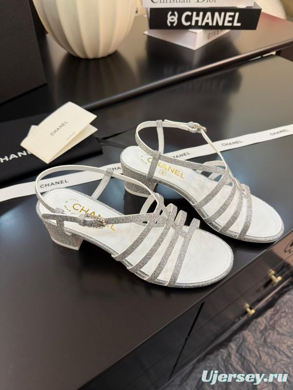2025 Women Chanel White Synthetic Leather Sandals