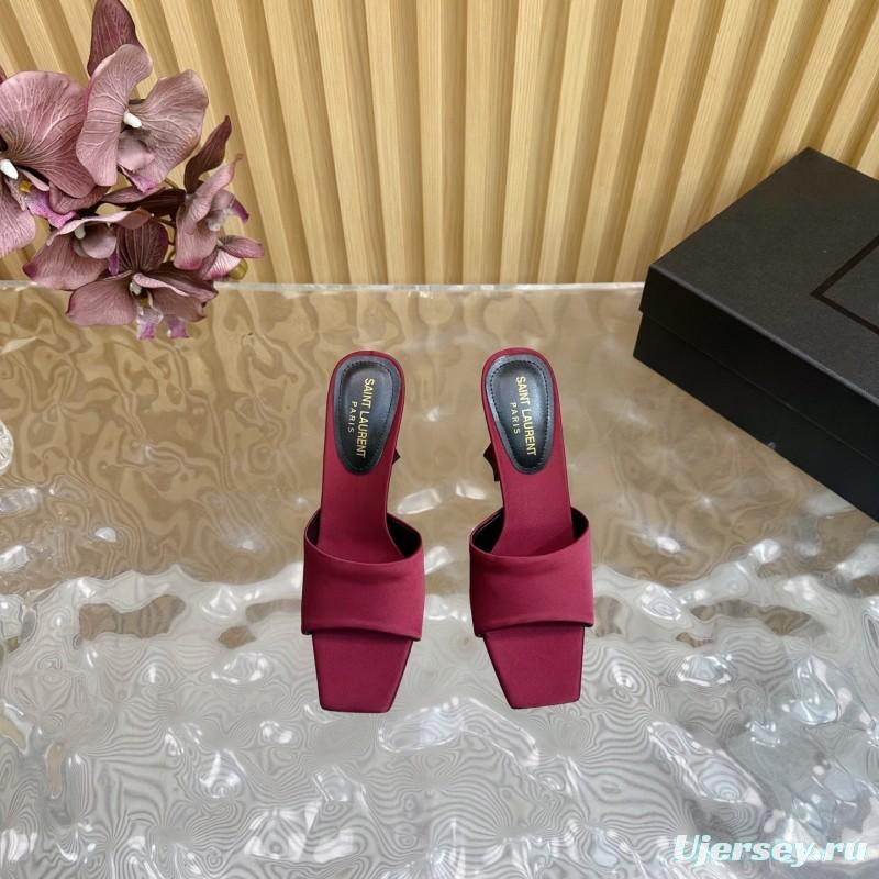2025 Women Yves Saint Laurent Burgundy Satin High Heel Mules
