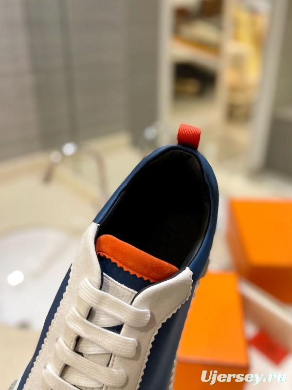 2024 Unisex Hermès Blue White Orange Imported Silk Lambskin Nubuck Sneakers MJ00320